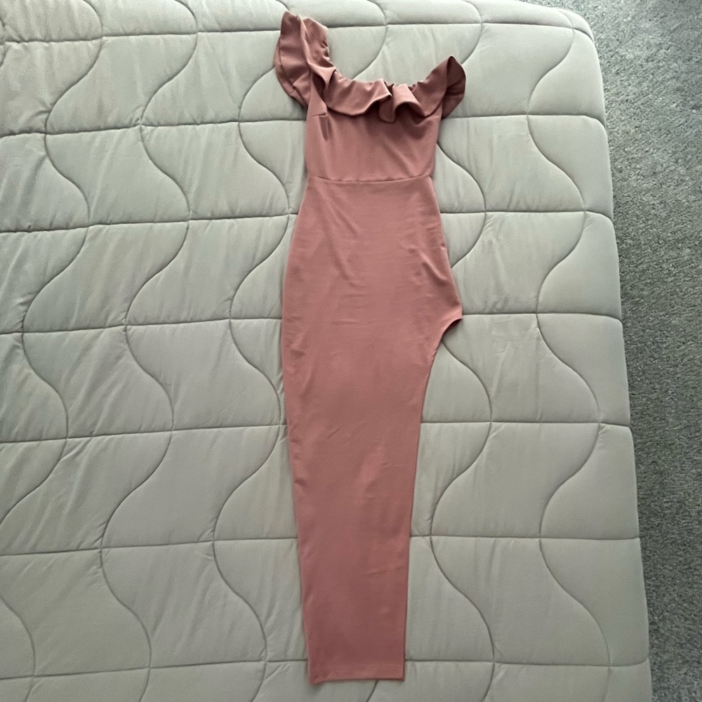 Floor Length Baby Pink One Shoulder Dress with Thigh High Slit